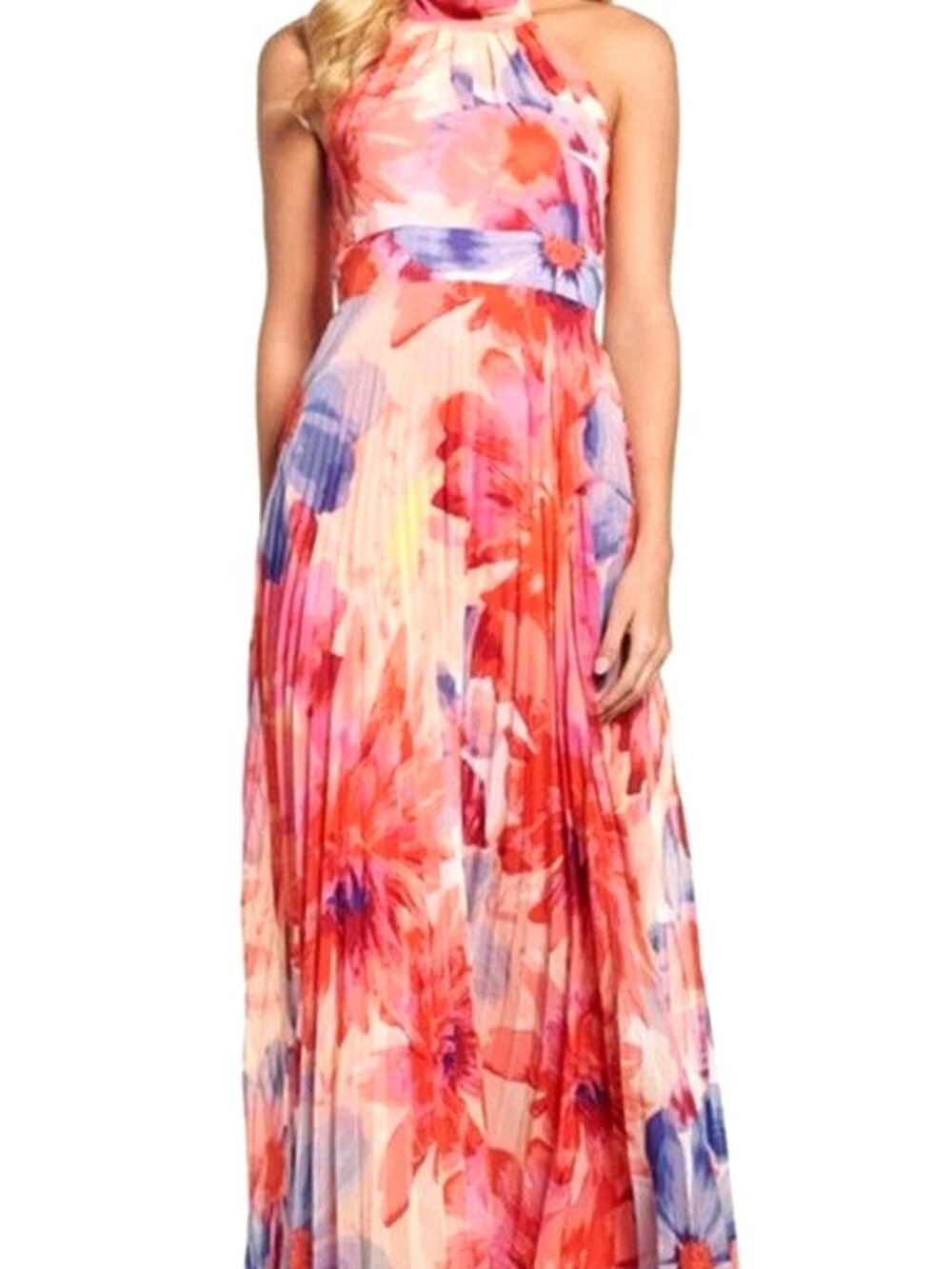 ✨NEW Eliza J Floral Print Pleated Halter Maxi Built In Bra Floral Print Dress 10